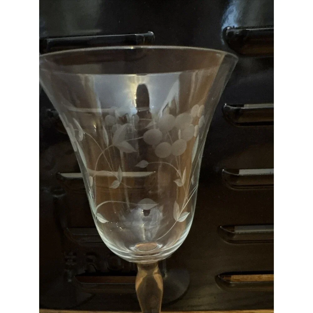 Glasses Floral Etched Wine Water Goblets Stem Victorian 8.5” Vtg Elegant Luxury